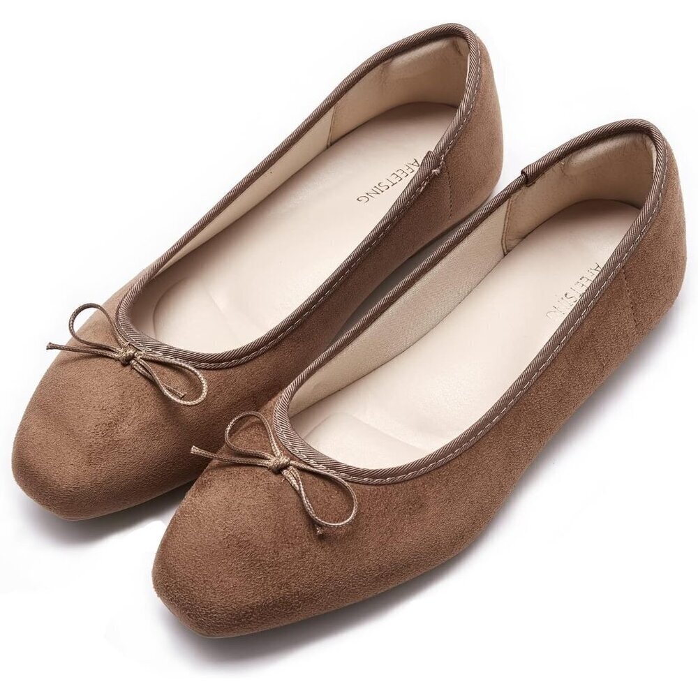Women's A-brown Polyurethane Round Toe Comfortable Bow Ballet Flats Shoes